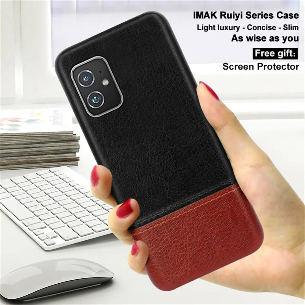 IMAK Ruiyi Series Bi-Color PU Leather Coated PC Cell Phone Back Case Shell with Screen Protector for Asus Zenfone 8 ZS590KS - Black / Brown - 6