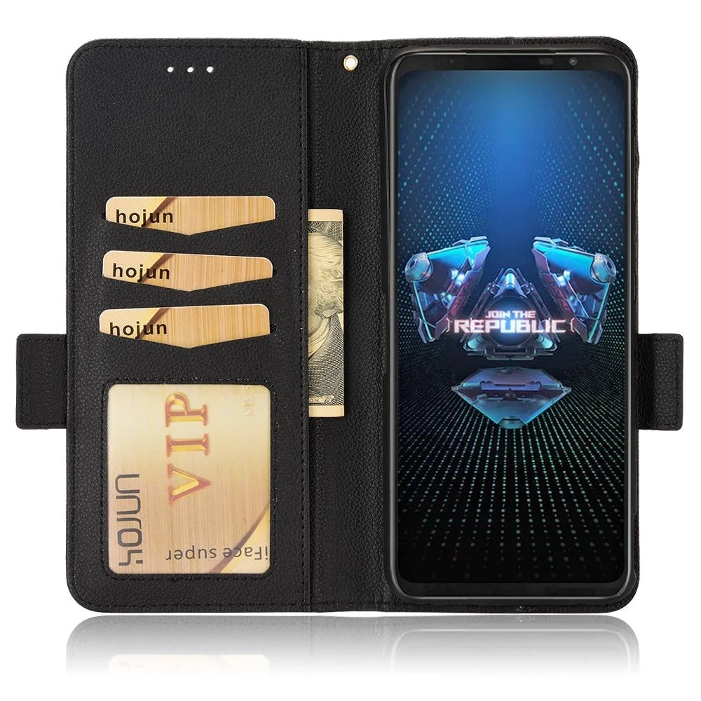 For Asus ROG Phone 5 / ROG Phone 5s / ZS676KS / ZS673KS Litchi Texture PU Leather Phone Case Magnetic Closure Wallet Stand Flip Shockproof Cover - Black - 4