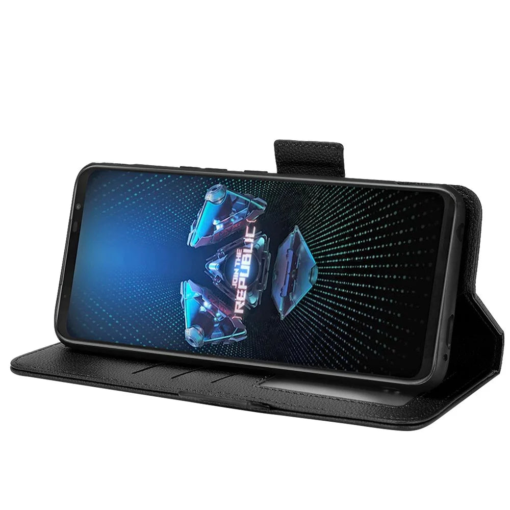 For Asus ROG Phone 5 / ROG Phone 5s / ZS676KS / ZS673KS Litchi Texture PU Leather Phone Case Magnetic Closure Wallet Stand Flip Shockproof Cover - Black - 5