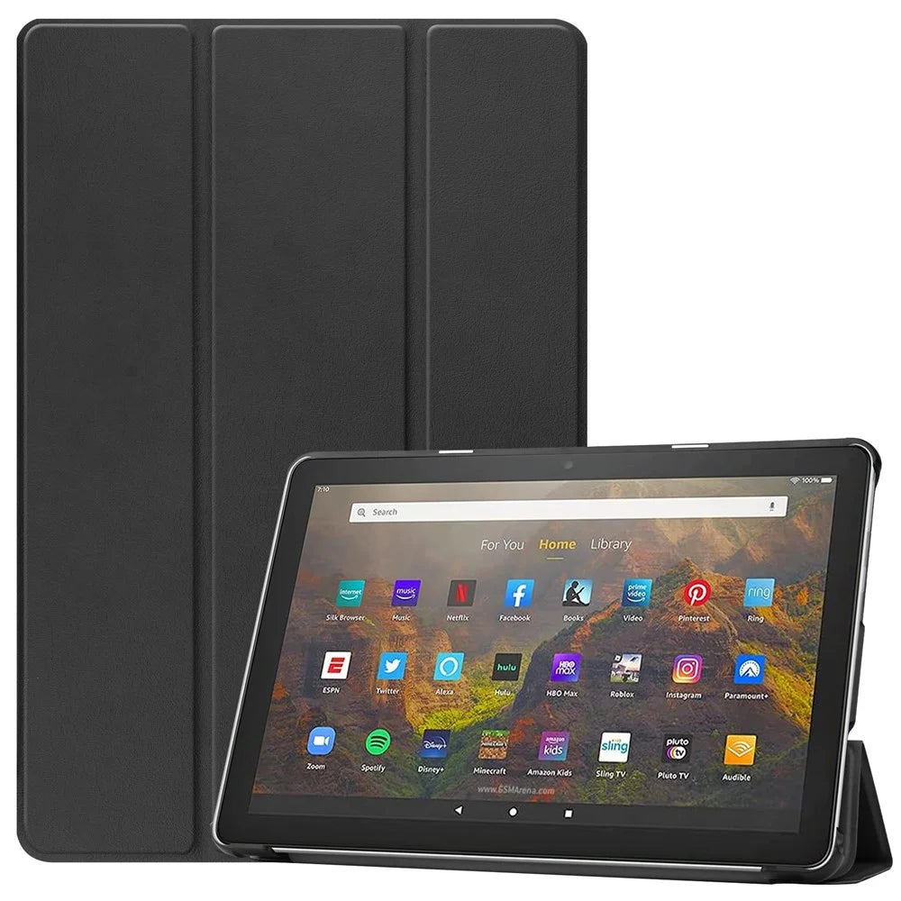 Litch Skin PU Leather Tri-fold Stand Tablet Cover for Amazon Fire HD 10 (2021) - Black - 1