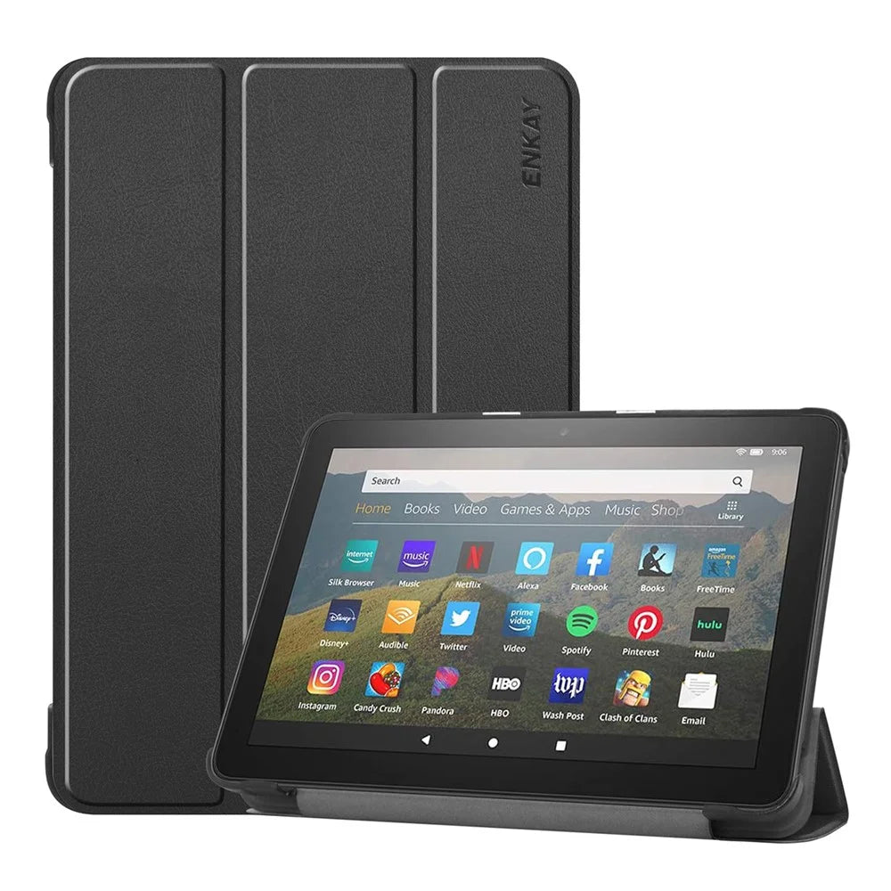 ENKAY HAT PRINCEE Fine Quality Tri-fold PU Leather Auto-wake/Sleep Smart Tablet Stand Case for Amazon Fire HD 8 (2020)/8 Plus (2020) - Black - 1