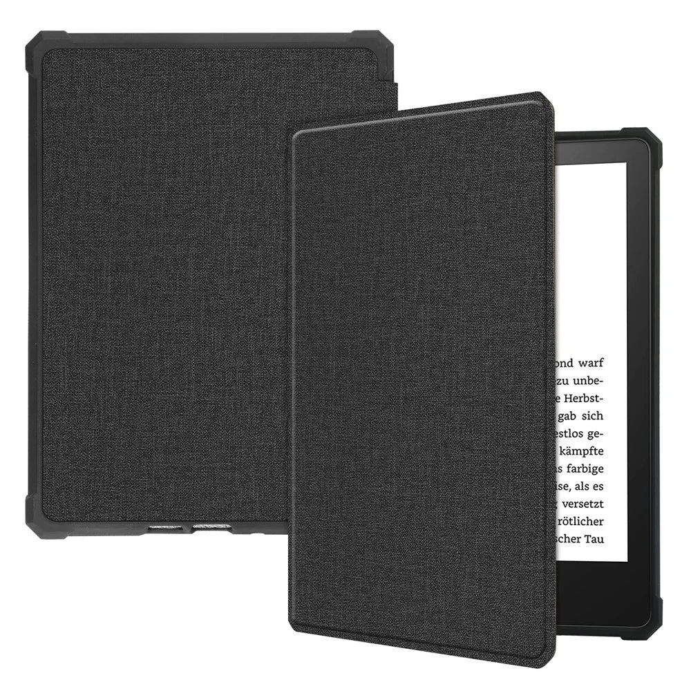 Shock-Absorbed Jeans Cloth PU Leather + TPU Protective Case Covering for Amazon Kindle Paperwhite 11th Gen (2021) - Black - 1