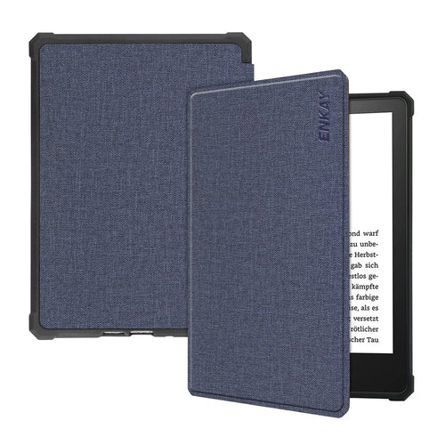 ENKAY HAT PRINCE For Amazon Kindle Paperwhite 5 (2021) Jean Cloth Texture Leather Cover with Auto Wake / Sleep - Dark Blue - 1