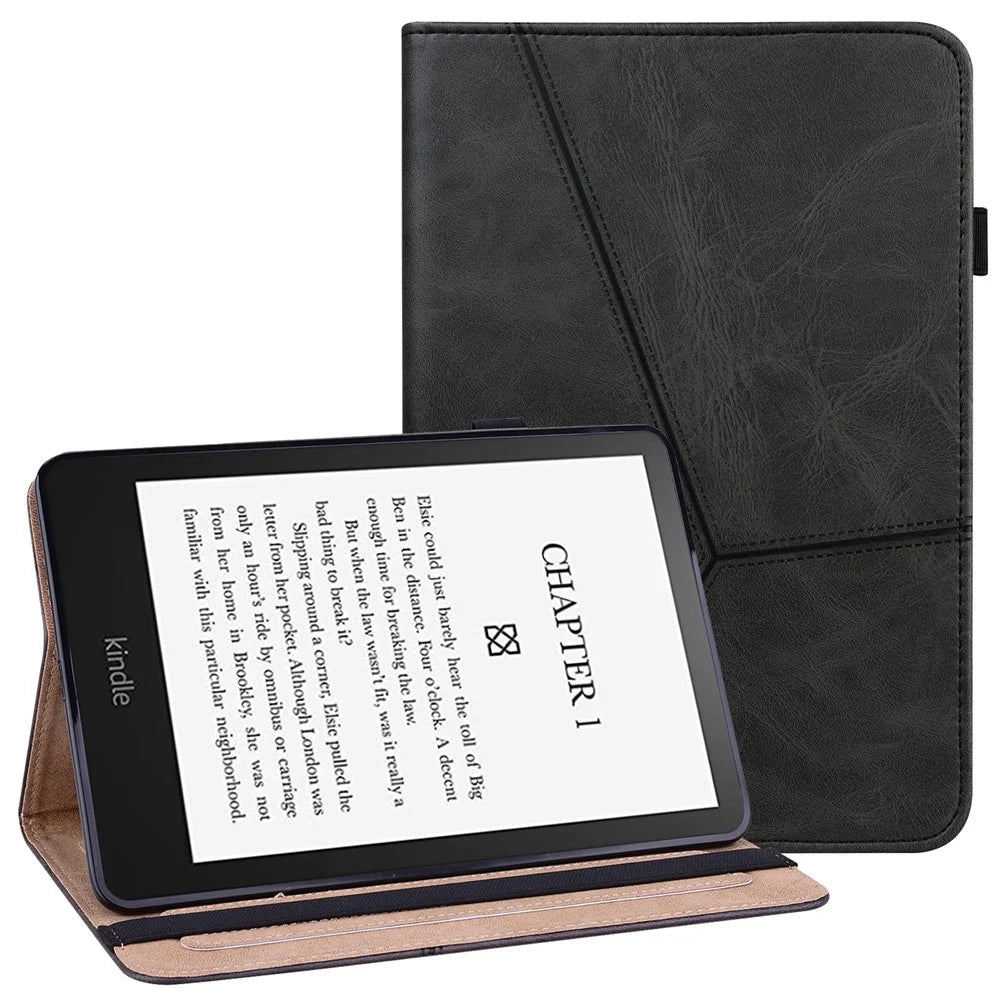 Line Imprinted Folio Stand PU Leather Auto Wake/Sleep Tablet Case with Card Slots for Amazon Kindle Paperwhite 5 (2021) - Black - 1