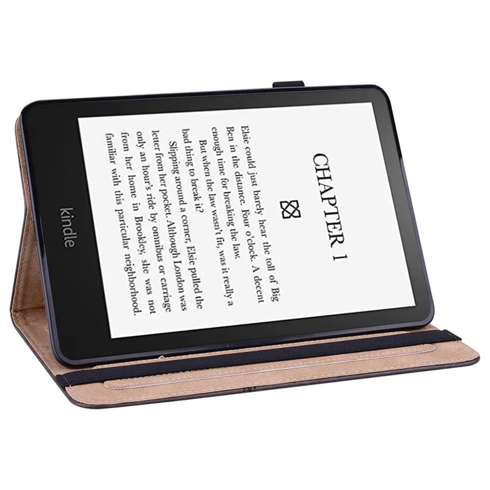 Line Imprinted Folio Stand PU Leather Auto Wake/Sleep Tablet Case with Card Slots for Amazon Kindle Paperwhite 5 (2021) - Black - 4