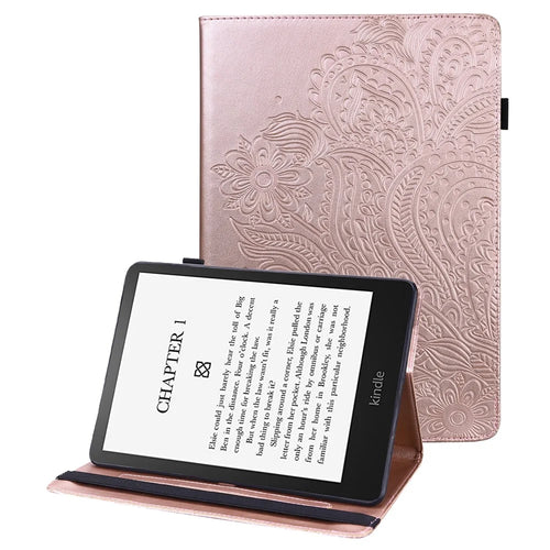 Flower Imprinted Card Slots Soft PU Leather Folding Stand Protective Case with Auto Sleep/Wake for Amazon Kindle Paperwhite 5 (2021) - Rose Gold - 1