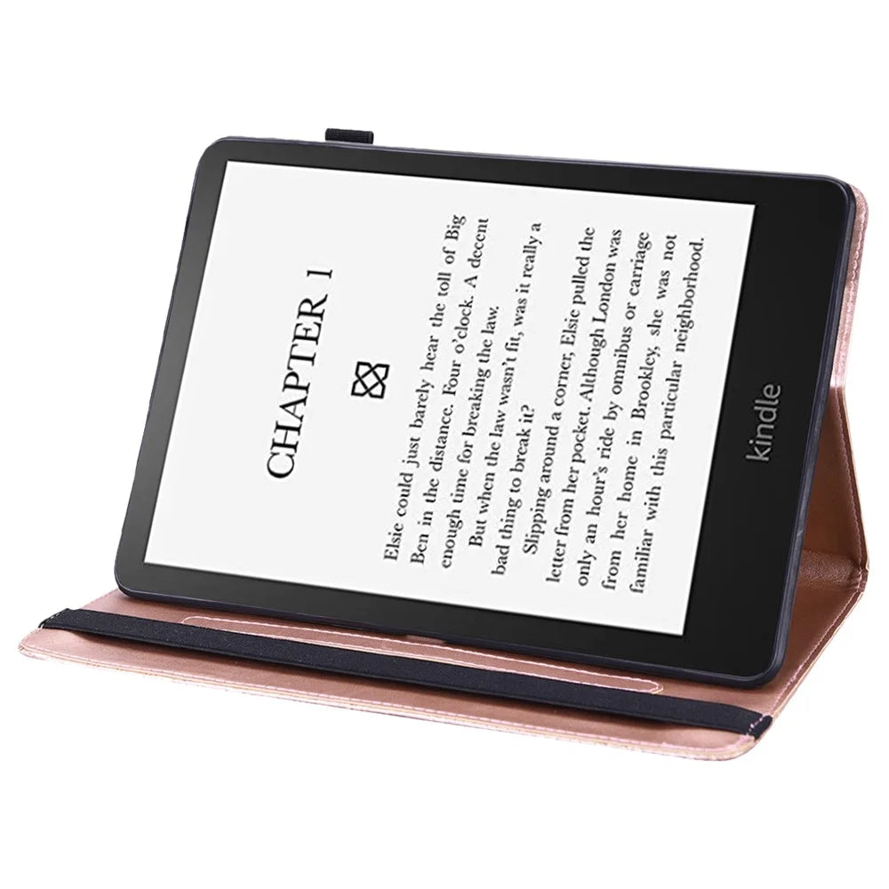 Flower Imprinted Card Slots Soft PU Leather Folding Stand Protective Case with Auto Sleep/Wake for Amazon Kindle Paperwhite 5 (2021) - Rose Gold - 4
