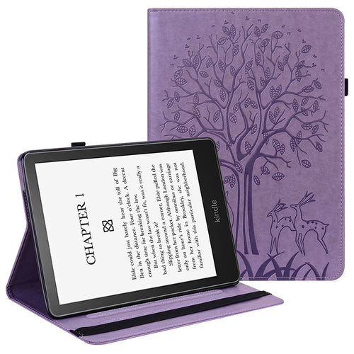 Tree Deer Imprinted PU Leather Stand Smart Auto Sleep / Wake Case with Card Slots for Amazon Kindle Paperwhite 5 (2021) - Purple - 1