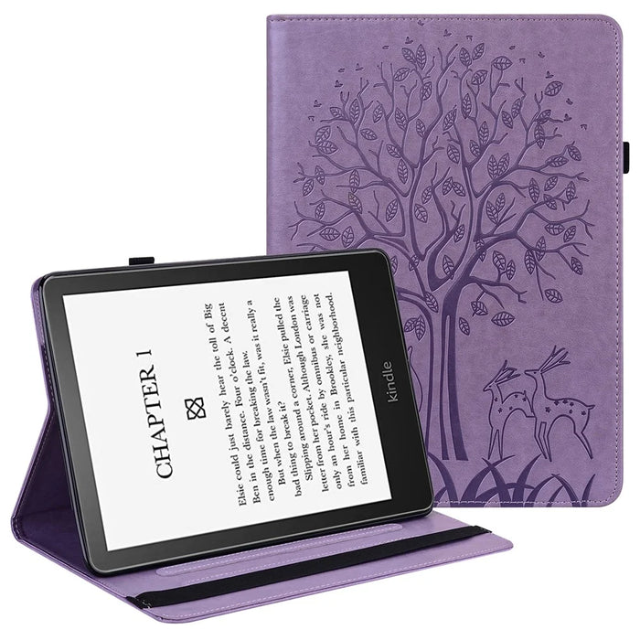 Tree Deer Imprinted PU Leather Stand Smart Auto Sleep / Wake Case with Card Slots for Amazon Kindle Paperwhite 5 (2021) - Purple - 1