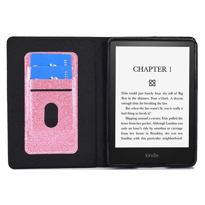 Glittering Powder PU Leather Shockproof Folio Stand Cover Protector with Card Slots for Amazon Kindle Paperwhite 5 (2021) - Pink - 6