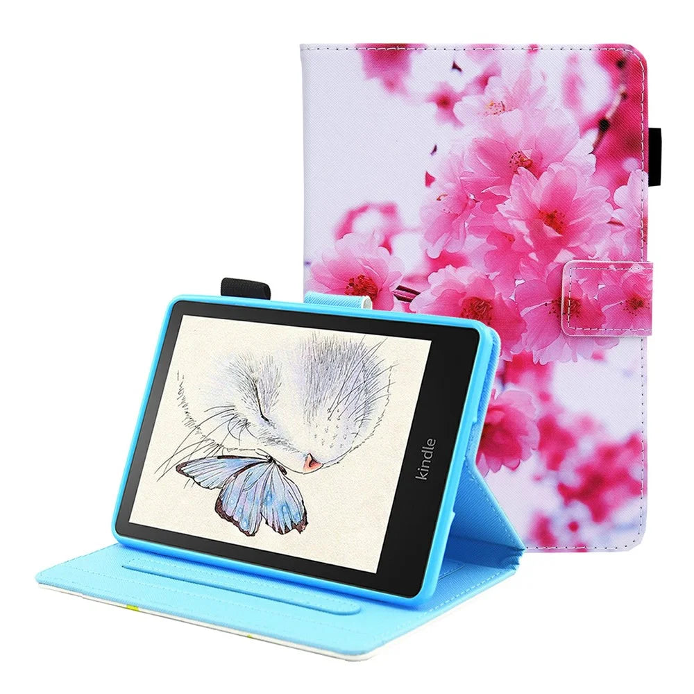 Foldable Stand Card Slots Design Pattern Printing Full Protection Leather Case Cover for Amazon Kindle Paperwhite 5 (2021) - Sakura - 1