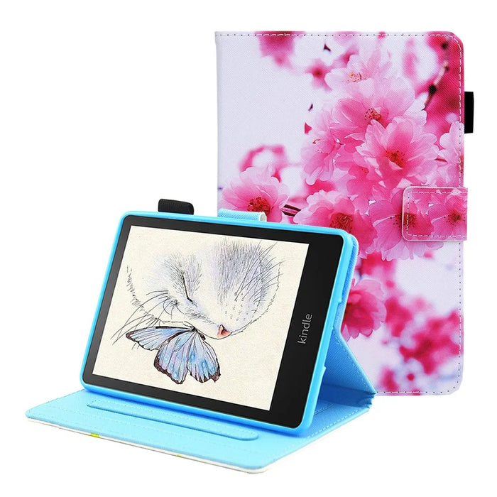 Foldable Stand Card Slots Design Pattern Printing Full Protection Leather Case Cover for Amazon Kindle Paperwhite 5 (2021) - Sakura - 1
