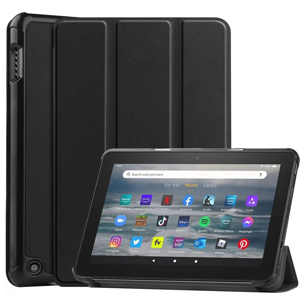 For Amazon Fire 7 (2022) Tri-fold Stand PU Leather Tablet Case Thickened Corner Anti-drop Protective Cover with Auto Wake/Sleep - Black - 1