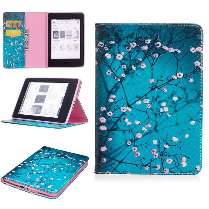 Pattern Printing Leather Wallet Tablet Cover for Amazon Kindle Paperwhite 3/2/1 - Tree with Flowers - 1
