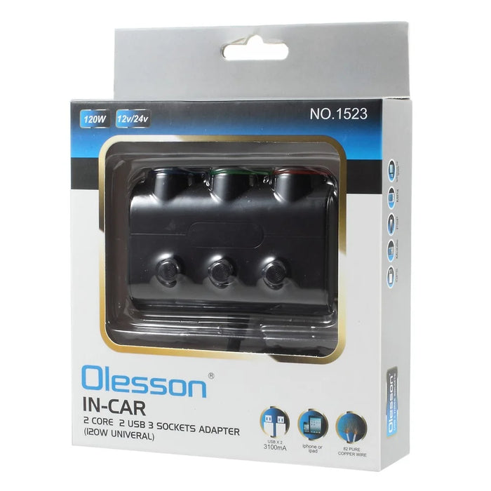 OLESSON 1523 120W Car Charger 2-USB Ports 3 Cigarette Lighter Sockets Charging Adapter - Black - 6