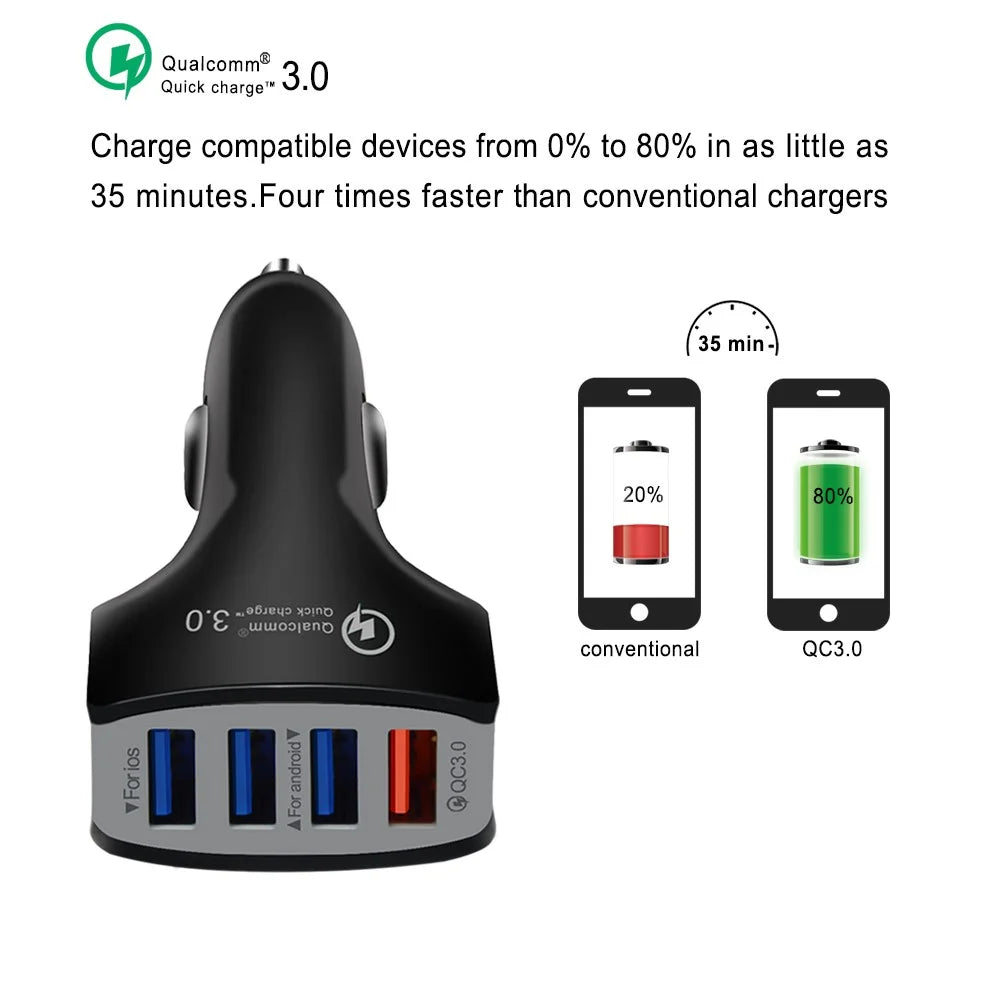 Universal 4 Ports USB QC3.0 Mobile Phone Car Charger Adapter for iPhone Samsung Huawei - 3