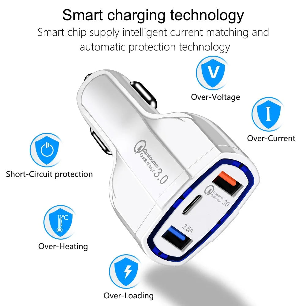 Dual USB QC 3.0 Type-C Fast Charging Car Charger Adapter for iPhone Samsung Huawei - White - 3