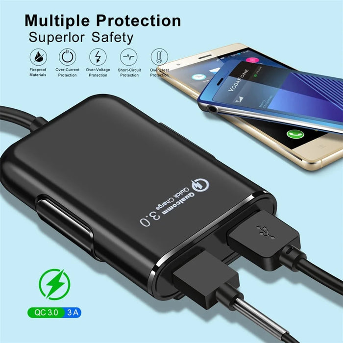 HMQ-C801 Quick Charge QC3.0 4-Port USB Front and Rear Car Charger Extending USB HUB with 1.8m Cable - 5