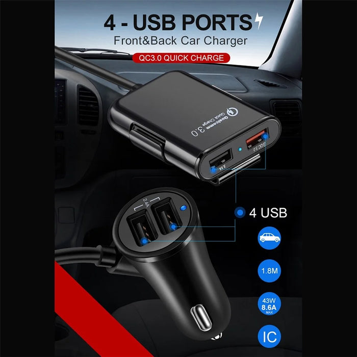HMQ-C801 Quick Charge QC3.0 4-Port USB Front and Rear Car Charger Extending USB HUB with 1.8m Cable - 7