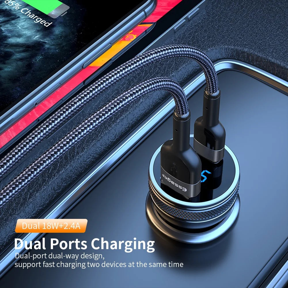 ESSAGER PD 3.0+QC 3.0 36W Car Charger Digital Display Type-C USB-A Dual Port Car Charger Adapter - 3