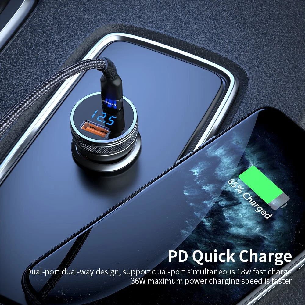 ESSAGER PD 3.0+QC 3.0 36W Car Charger Digital Display Type-C USB-A Dual Port Car Charger Adapter - 4