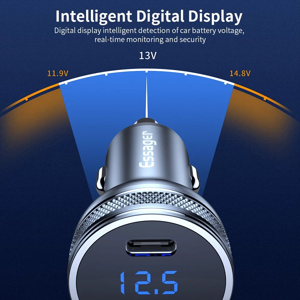 ESSAGER PD 3.0+QC 3.0 36W Car Charger Digital Display Type-C USB-A Dual Port Car Charger Adapter - 5