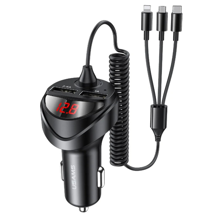 USAMS US-CC119 C22 Digital Display Dual USB 3.4A Car Charger + 3-in-1 [Micro + Lightning + Type-C] Charging Cable Set - 1