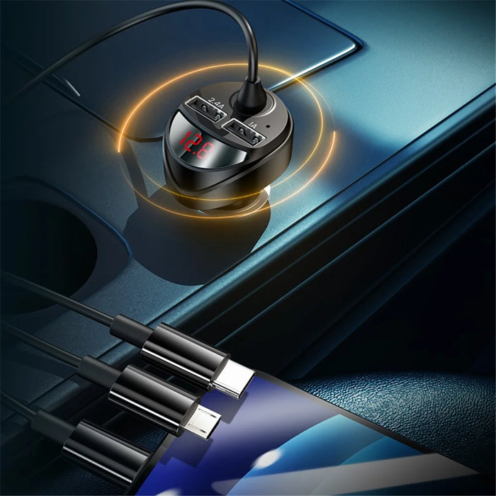 USAMS US-CC119 C22 Digital Display Dual USB 3.4A Car Charger + 3-in-1 [Micro + Lightning + Type-C] Charging Cable Set - 3