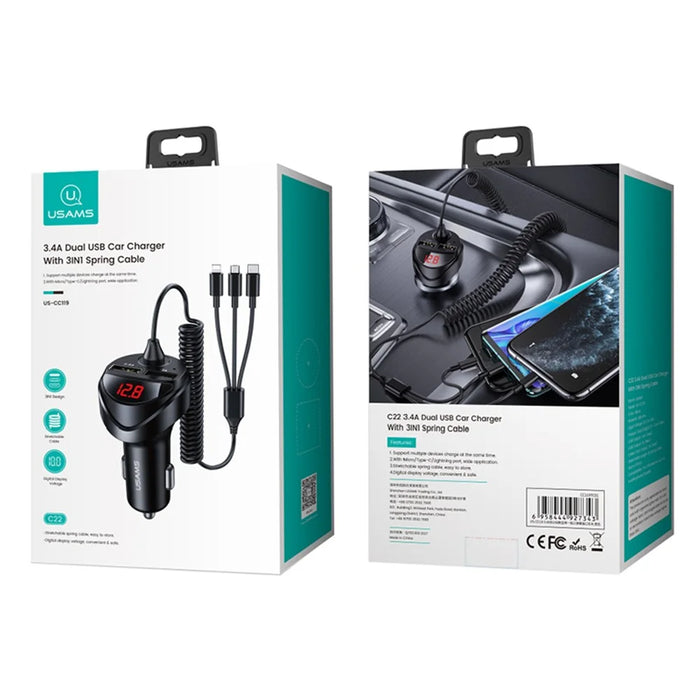 USAMS US-CC119 C22 Digital Display Dual USB 3.4A Car Charger + 3-in-1 [Micro + Lightning + Type-C] Charging Cable Set - 6