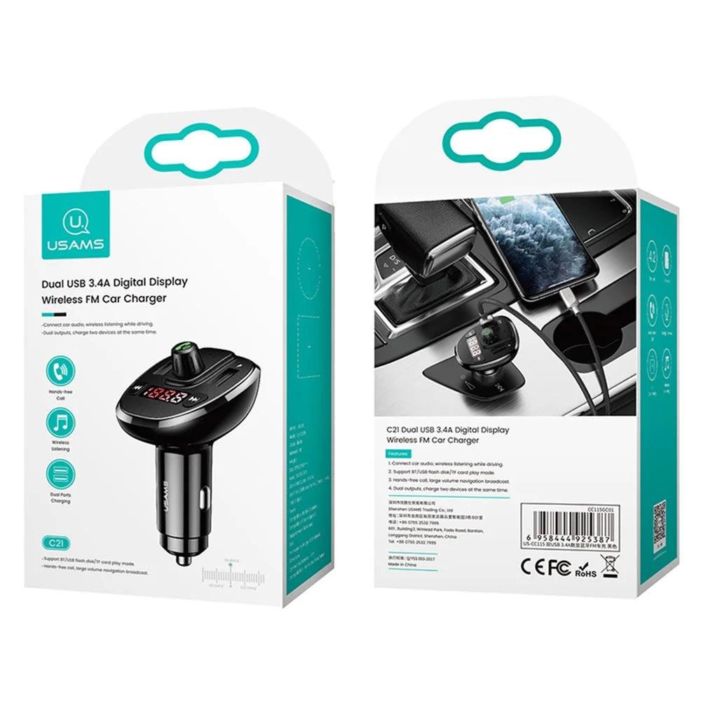USAMS US-CC115 C21 Dual USB Port 3.4A FM Car Charger with Digital Display - 6