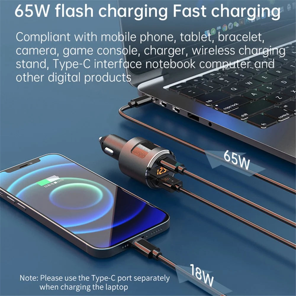 SC01 USB Car Charger 18W QC3.0 65W PD Type C Dual Ports Car Fast Charger Adapter - Silver - 4
