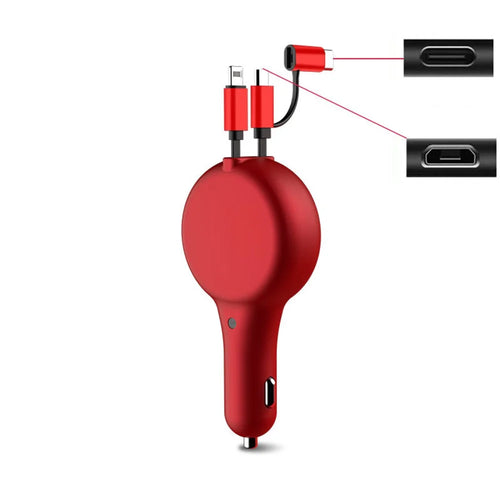 SUMI-TAP 3 in 1 Telescopic Car Charger Cable PD+QC3.0 Fast Charging Cable Cord with Type-C Micro USB Lightning Port - Red - 1