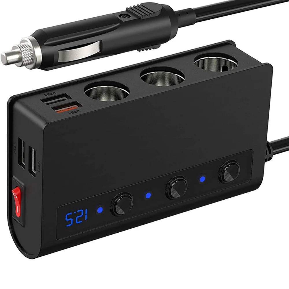 TR24 High Power Car Charger 3 Cigarette Lighter Sockets 4 USB Ports Fast Charging Adapter with Independent Switch - 1
