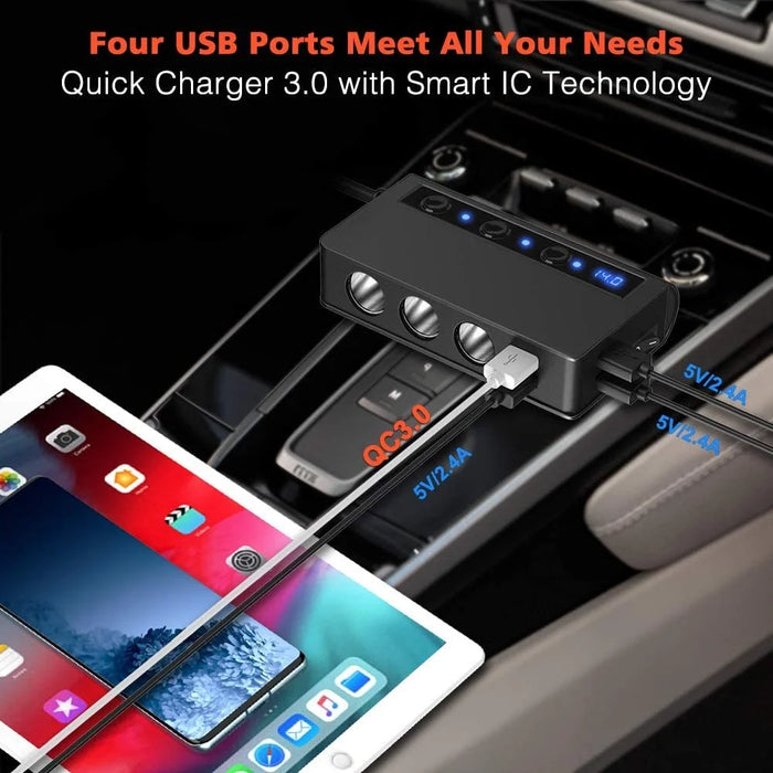 TR24 High Power Car Charger 3 Cigarette Lighter Sockets 4 USB Ports Fast Charging Adapter with Independent Switch - 3