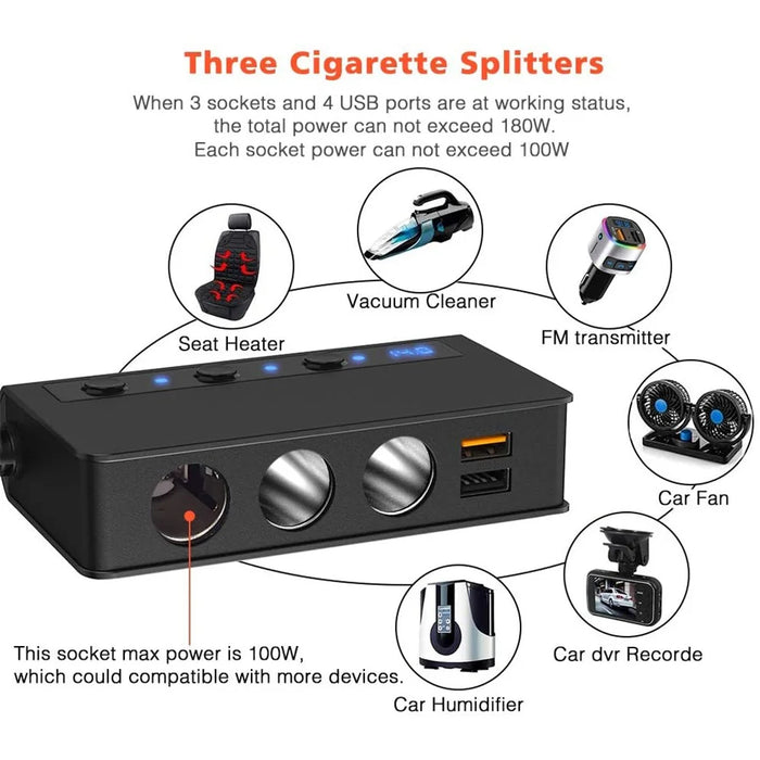 TR24 High Power Car Charger 3 Cigarette Lighter Sockets 4 USB Ports Fast Charging Adapter with Independent Switch - 4