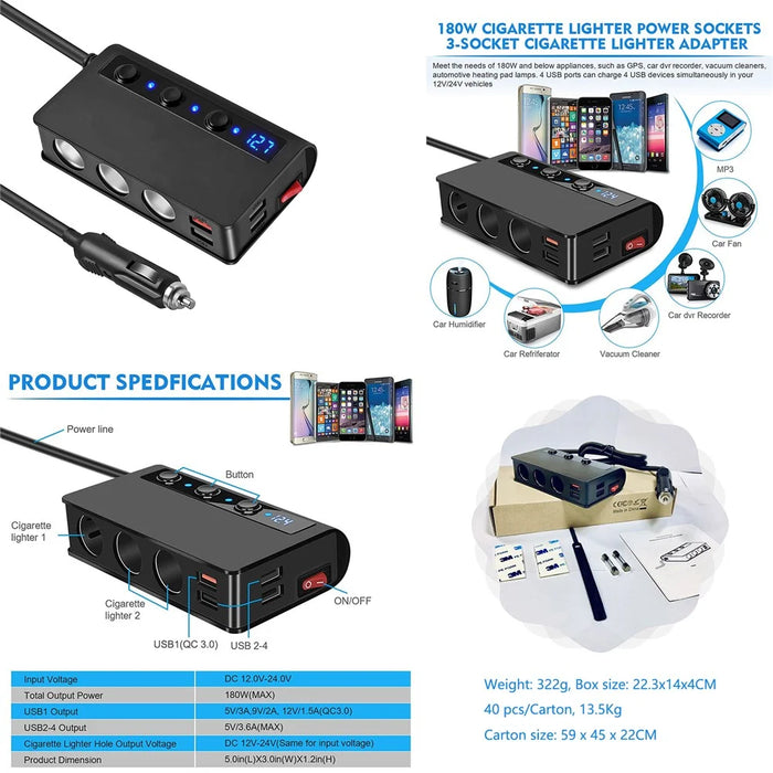 TR24 High Power Car Charger 3 Cigarette Lighter Sockets 4 USB Ports Fast Charging Adapter with Independent Switch - 6