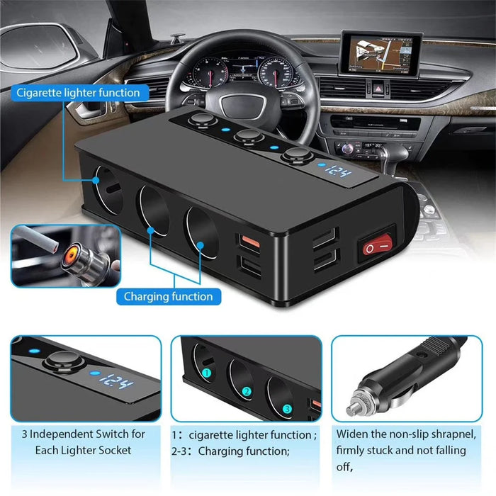 TR24 High Power Car Charger 3 Cigarette Lighter Sockets 4 USB Ports Fast Charging Adapter with Independent Switch - 7