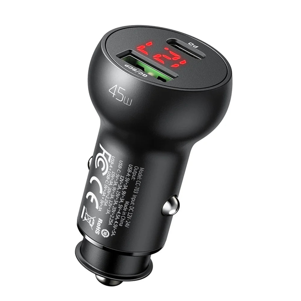 MCDODO CC-7030 MDD 45W USB + Type-C Dual Ports Car Charger with LED Display - Black - 2