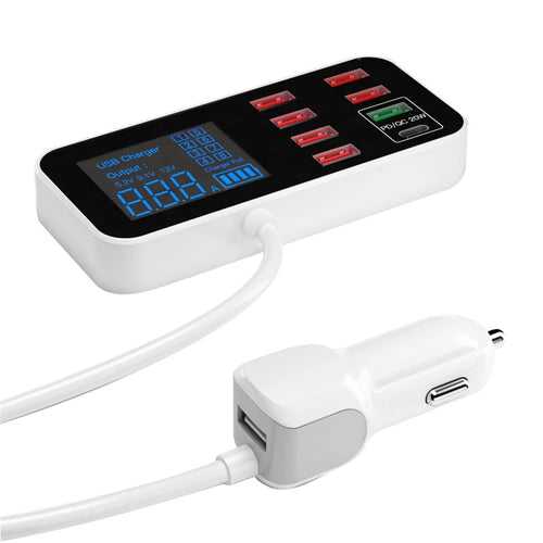 WLX-A9S+ 8-port USB Car Charger PD 20W + QC3.0 Phone Charger Adapter Smart LCD Display Charging Station - 1