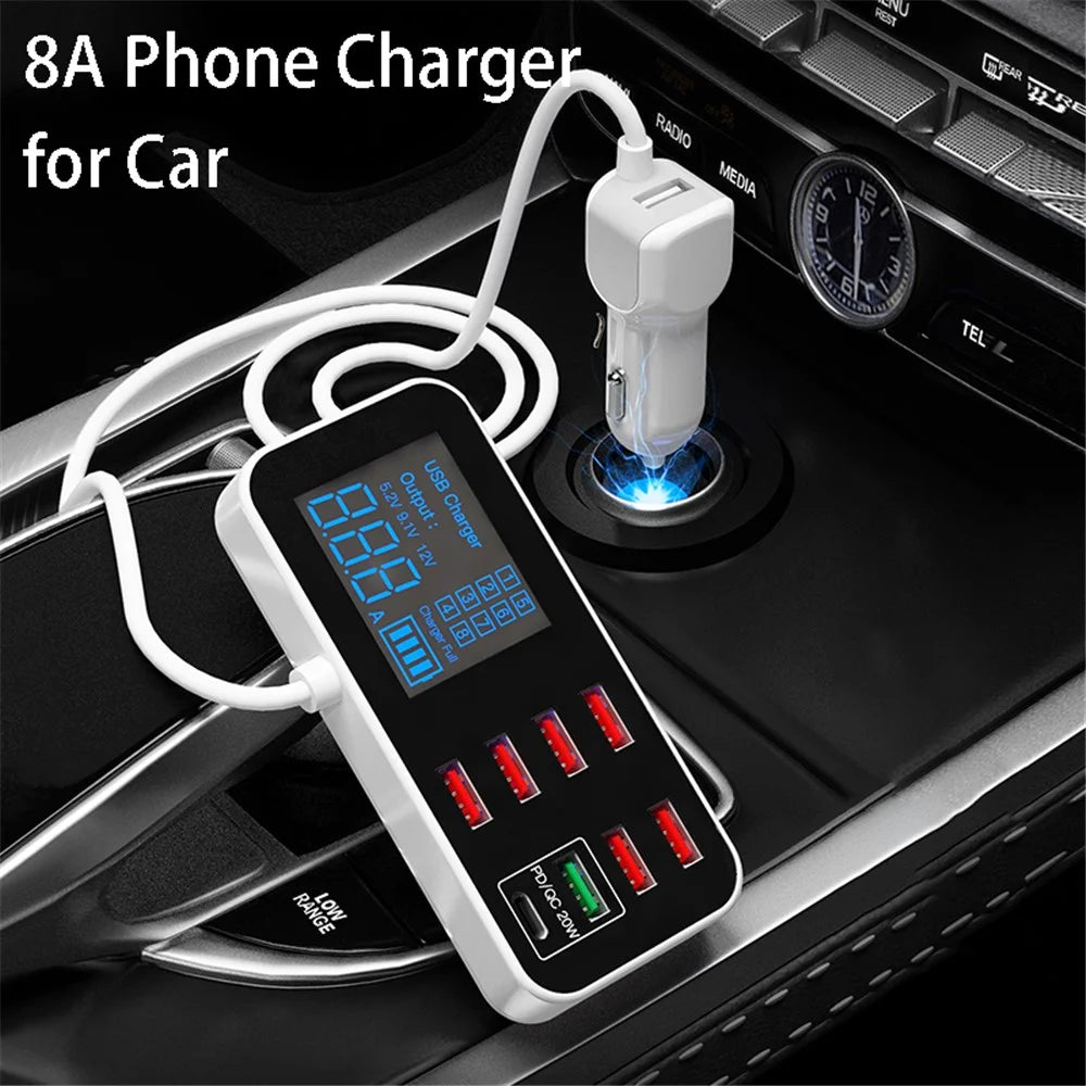 WLX-A9S+ 8-port USB Car Charger PD 20W + QC3.0 Phone Charger Adapter Smart LCD Display Charging Station - 2