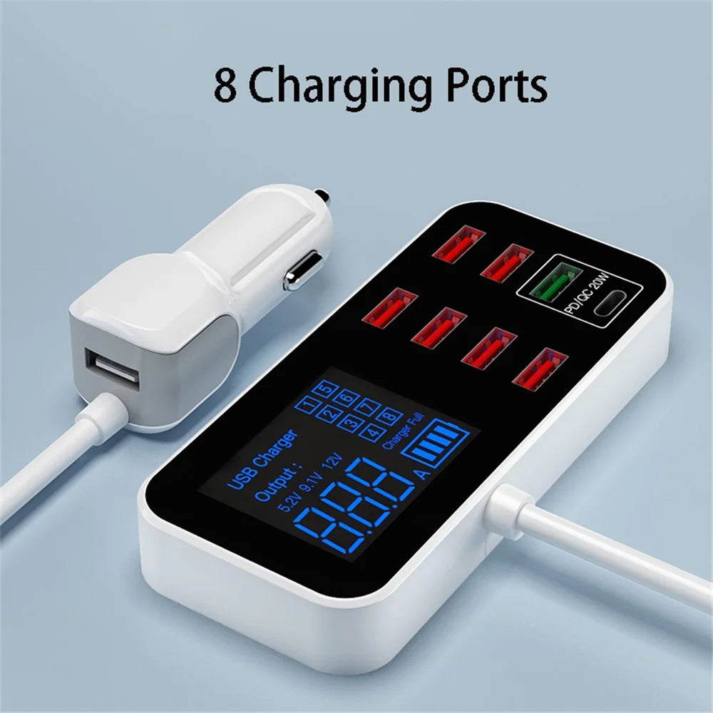 WLX-A9S+ 8-port USB Car Charger PD 20W + QC3.0 Phone Charger Adapter Smart LCD Display Charging Station - 3