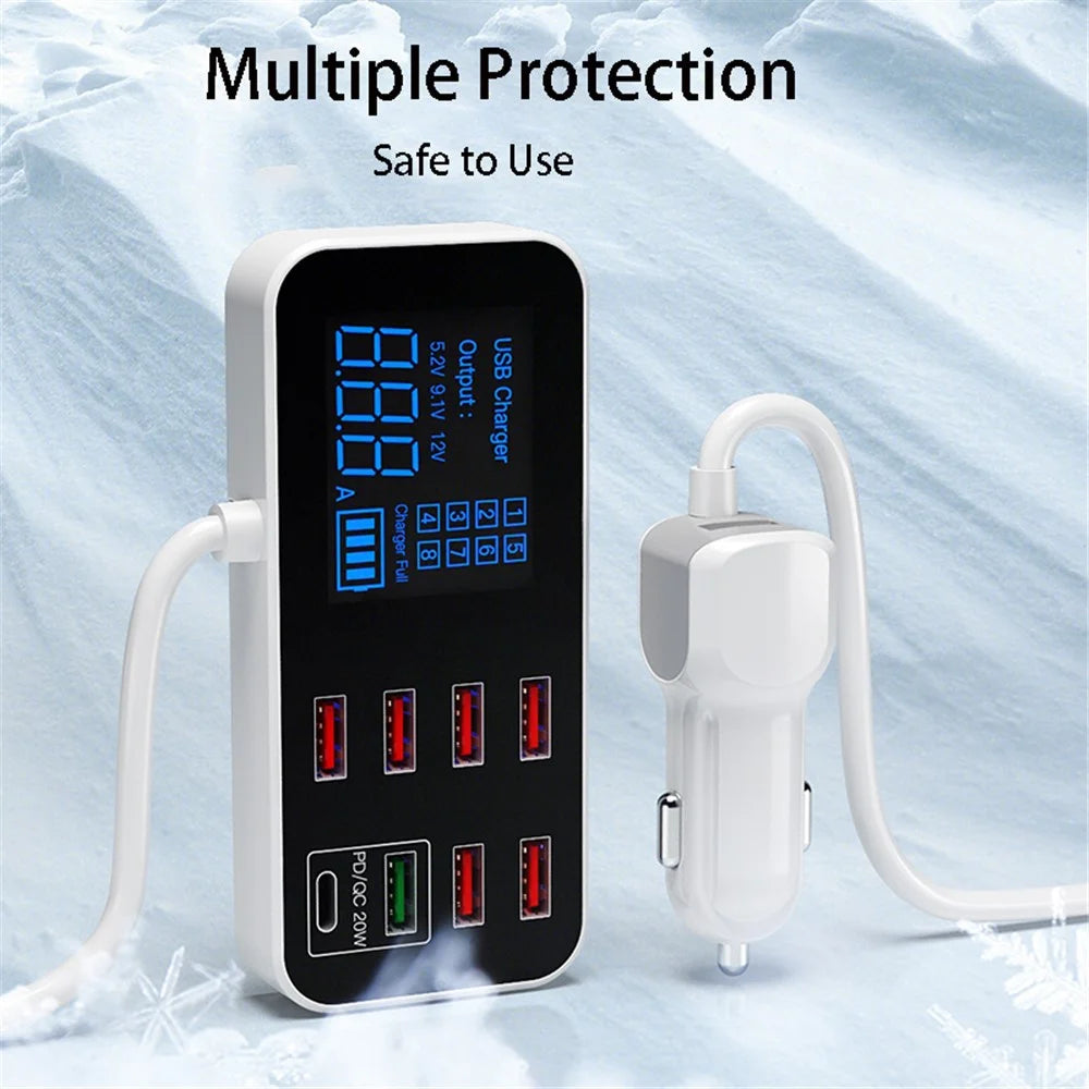 WLX-A9S+ 8-port USB Car Charger PD 20W + QC3.0 Phone Charger Adapter Smart LCD Display Charging Station - 4