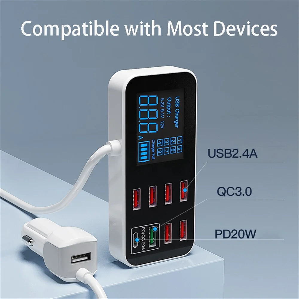 WLX-A9S+ 8-port USB Car Charger PD 20W + QC3.0 Phone Charger Adapter Smart LCD Display Charging Station - 6