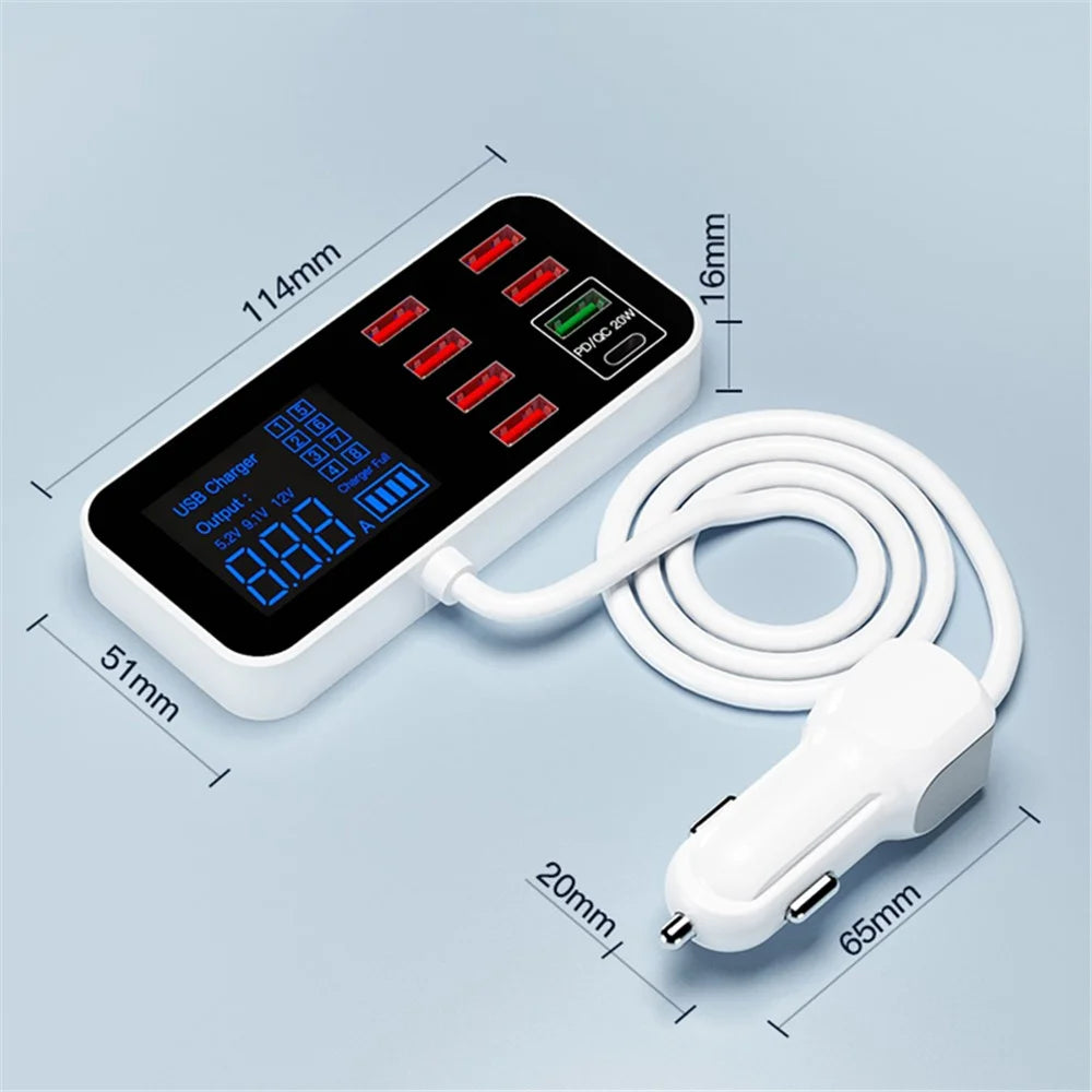 WLX-A9S+ 8-port USB Car Charger PD 20W + QC3.0 Phone Charger Adapter Smart LCD Display Charging Station - 7