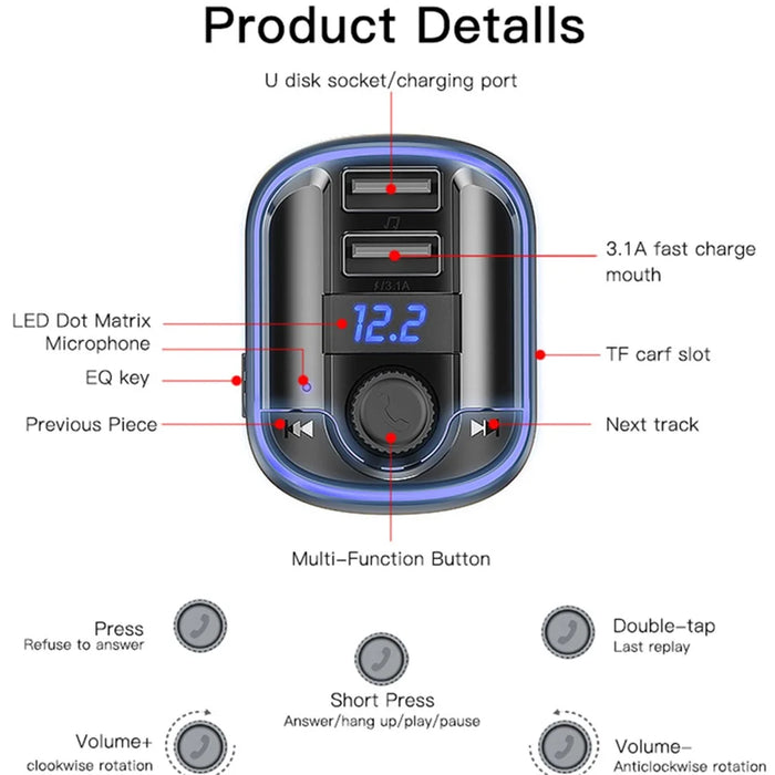 YESIDO Y44 Bluetooth-compatible FM Transmitter for Car 2 USB Ports Charger Battery Voltage Detection Audio Adapter - 7