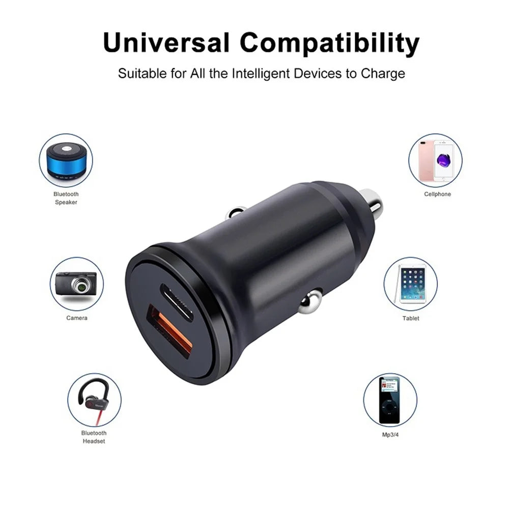 MiniPhone Type-C+USB Car Charger Adapter - 20W PD 3.0 Mini Phone Charger Fast Car Charger - Black - 3