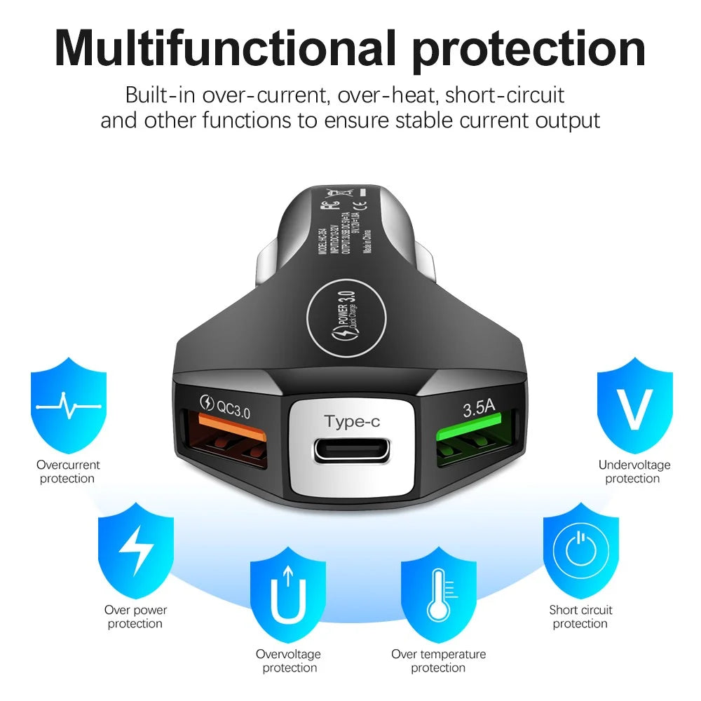 35W 7A Dual USB + 1 Type-C QC3.0 Fast Charging Mobile Phone Car Charger Power Adapter (CE, FCC Certificated) - Black - 7