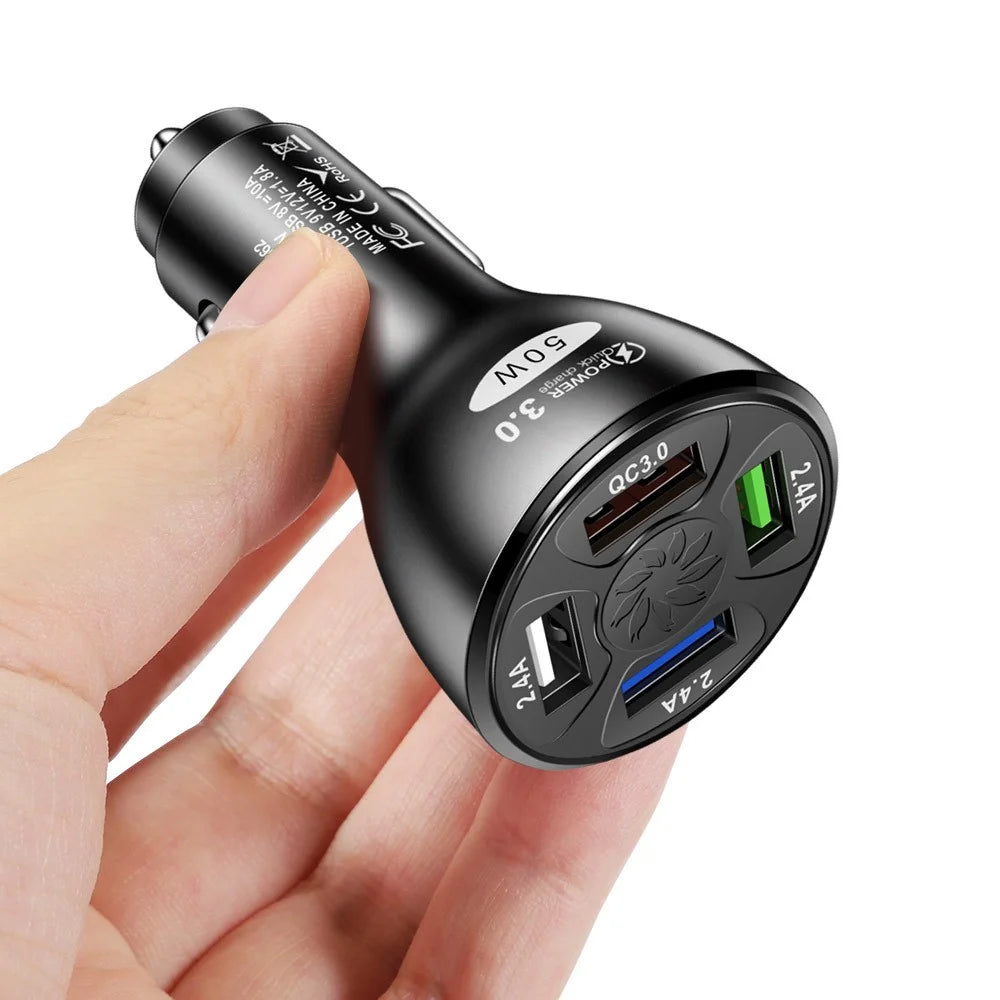 50W 4 USB Ports QC3.0 Fast Charging Car Charger Phone Power Adapter - Black - 2