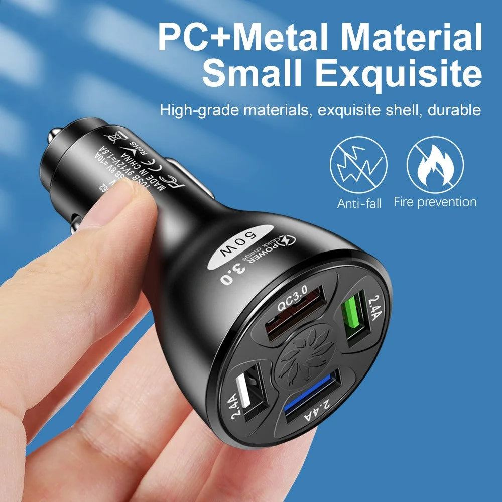 50W 4 USB Ports QC3.0 Fast Charging Car Charger Phone Power Adapter - Black - 3