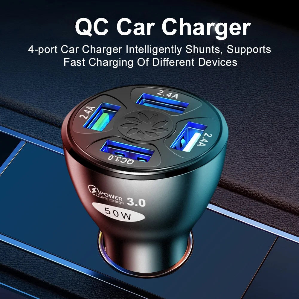 50W 4 USB Ports QC3.0 Fast Charging Car Charger Phone Power Adapter - Black - 4